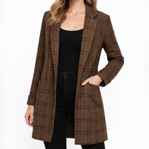 I JOAH Blazer Large Plaid Cardigan Duster Open Front Jacket Wool Blend Career‎ L